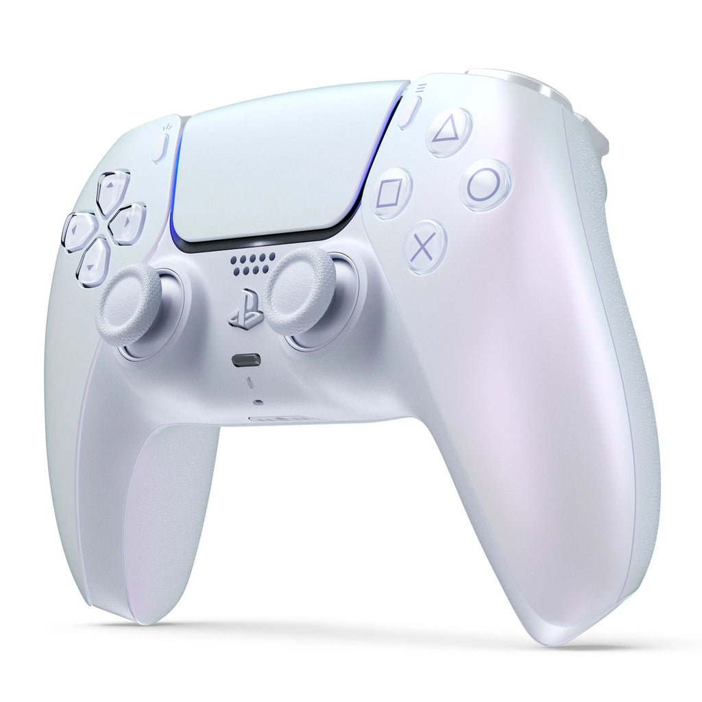 PlayStation 5 DualSense Wireless Controller in iridescent Chroma Pearl finish, showcasing its sleek design and functionality.