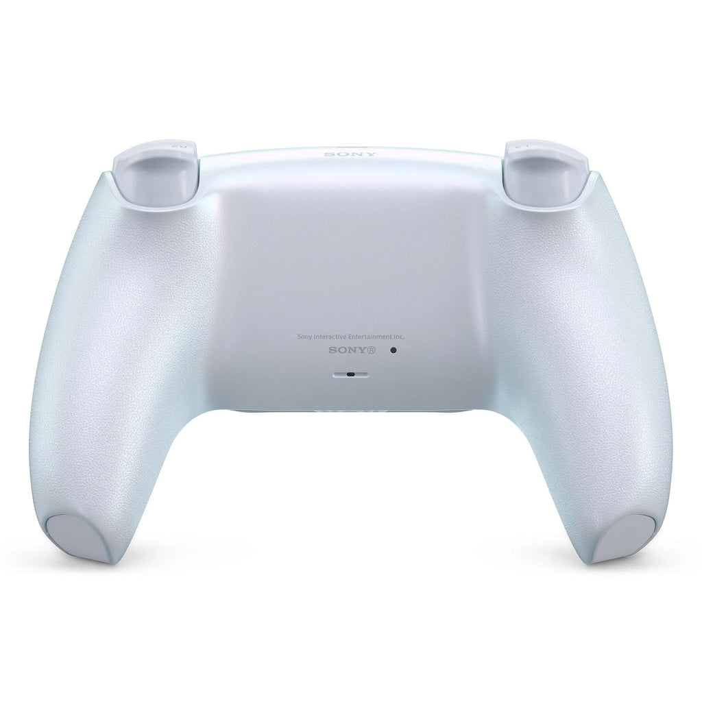 PlayStation 5 DualSense wireless controller Chroma Pearl back view showcasing iridescent finish and design details.